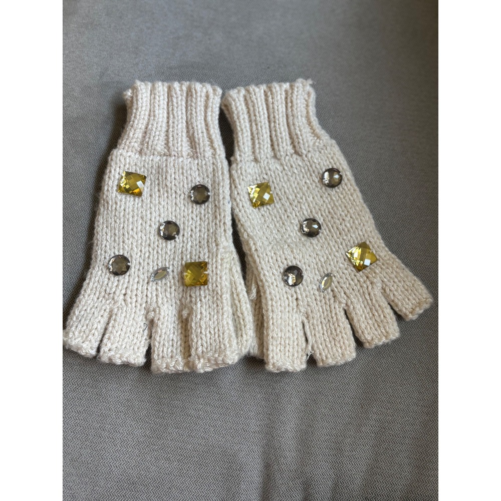 Betsey Johnson Ivory Knit Fingerless Gloves Rhinestone Embellished Gem Cream OS